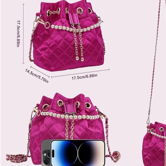 Pink  Fuchsia Quilted Mini duffle satchel with gold chain crossbody - Picture 5 of 5